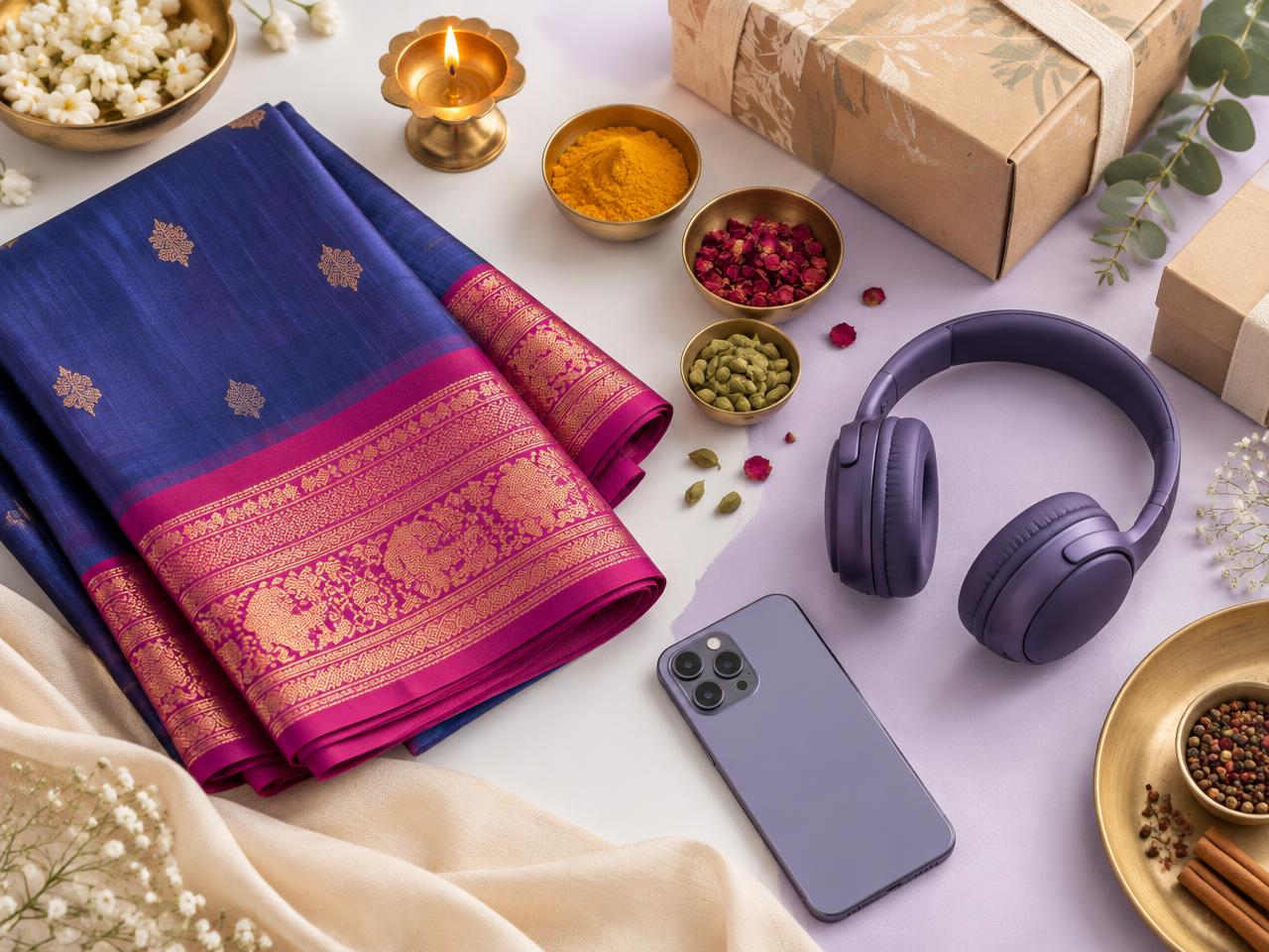 Colorful Indian fashion, electronics, spices and gift products